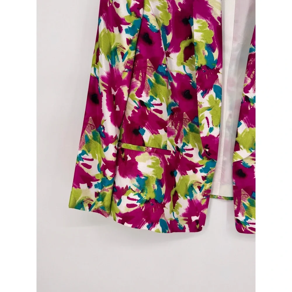 Kasper Floral Blazer Women 12 Magenta Green Excellent Abstract Open Front Jacket - Picture 3 of 14